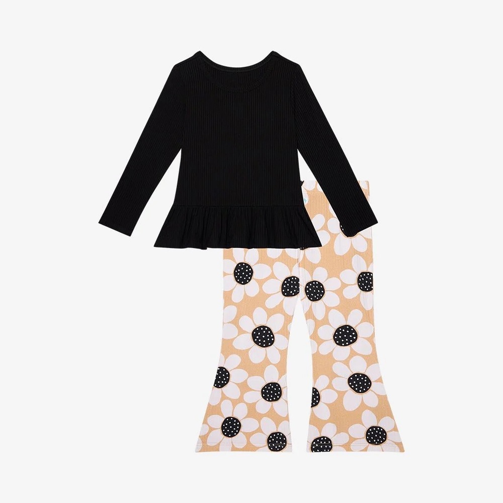 Posh Peanut | Black Peplum Top & Floral Bell Bottom Pants SET